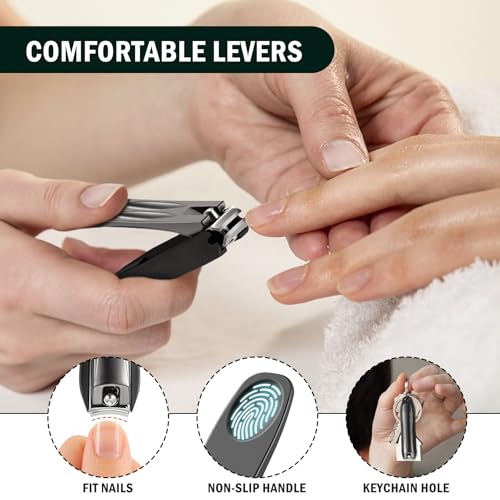 FVION Large Nail Clippers with Catcher, 2 PCS Anti-Splash Fingernail & Toenail Clippers, Stainless Steel Self-Collecting Nail Cutters for Effortless Nail Care - Metal Case Packing - color: Light Black