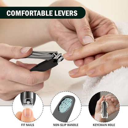 FVION Large Nail Clippers with Catcher, 2 PCS Anti-Splash Fingernail & Toenail Clippers, Stainless Steel Self-Collecting Nail Cutters for Effortless Nail Care - Metal Case Packing - color: Light Black