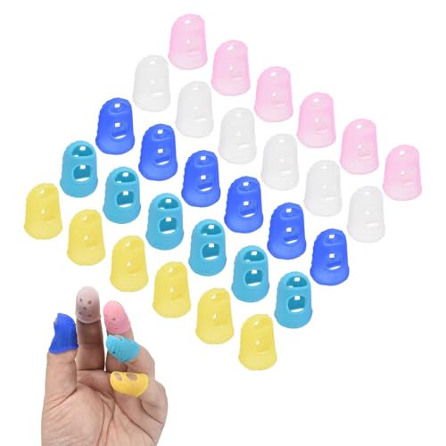 PATIKIL 30 Pcs Silicone Finger Tips, 20mm Anti-Slip Textured Surface Reinforced Protectors Fingertip Covers Reusable Thimbles for Money Counting Guitar Sewing, 5 Colors - color: Yellow/Translucent/Pink/Light Blue/Dark Blue, size: 20mm