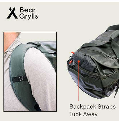 Bear Grylls 45L Duffel Backpack Folding Duffle Bag for Travel - Durable and Water-Resistant, with Tuck-Away Backpack Straps, U-Lid & Internal Mesh Pockets