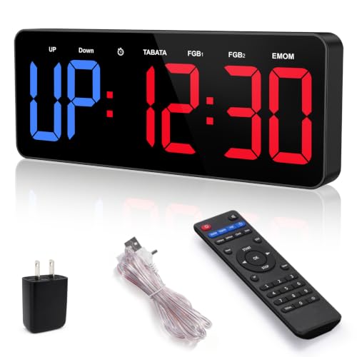 Gym Timer Clock, 12" Large Display LED Exercise Workout Interval | Timer with Remote for Boxing Tabata/FGB/EMOM,Countdown/Up,Stopwatch Clock for Sports,Home Gym,Yoga,Garage,Office,Classroom - color: Blue&Red
