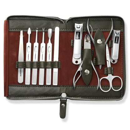 FAMILIFE Manicure Set, Professional Manicure Kit Nail Clippers Set 11 in 1 Stainless Steel Nail Pedicure Tools Kit Grooming Tool with Portable Green Leather Travel Case Luxury Gifts for Women and Men - color: Dark Green