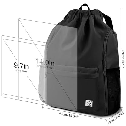 Drawstring Backpack with Mesh Pockets String Gym Bag Sackpack Sandproof Water Resistant Beach Backpack for Men Women - color: Black102