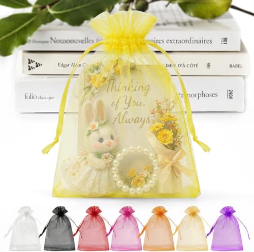 ANZNKU 50 PCS Organza Bags 5 x 7, Yellow Small Mesh Gift Bags Drawstring | Sheer Goodie Sachet Pouches for Wedding Party Favors Baby Bridal Shower & Halloween, Use for Candy Jewelry Soap Treats Makeup - color: Yellow