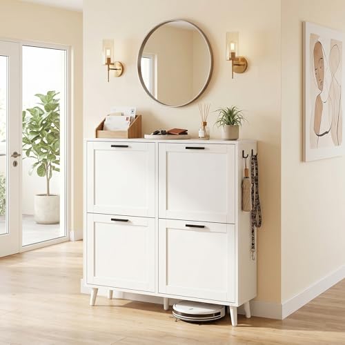 holzart Large 4 Tier Shoe Cabinet for Shoe Size 16 - Freestanding Wooden Shoe Organizer with Flip-Up Doors, Space-Saving Entryway/Closet Storage Rack, White - color: White