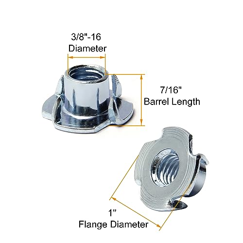 3/8"-16 T-Nut (50 Packs), Zinc Plated Carbon Steel T-Nut | 7/16" Barrel Length, 4 Pronged Tee Blind Nuts, Threaded Inserts for Wood, Rock Climbing Holds, Cabinetry, Furniture - size: 3/8"-16
