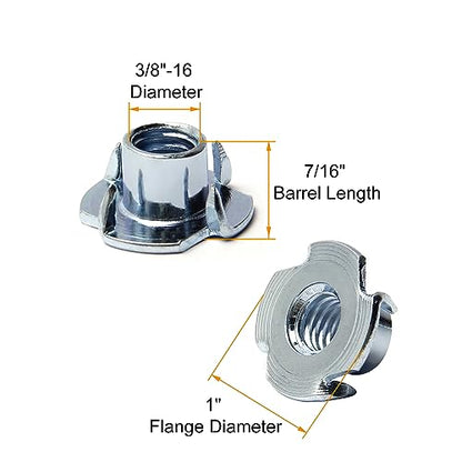 3/8"-16 T-Nut (50 Packs), Zinc Plated Carbon Steel T-Nut | 7/16" Barrel Length, 4 Pronged Tee Blind Nuts, Threaded Inserts for Wood, Rock Climbing Holds, Cabinetry, Furniture - size: 3/8"-16
