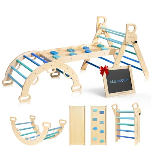 Pikler Triangle Set for 2-6 Years Old (Sky Blue) | 7-In-1 Foldable Wooden Toddler Climbing Toys, Montessori Jungle Gym for Indoor Activity, Balance and Imaginative Play - color: Sky Blue