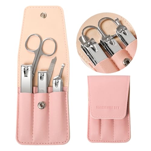 6 PCS Premium Stainless Steel Nail Clippers Set, Professional Manicure Pedicure Kit with Snap Fastener PU Leather Case, Travel Grooming Kit, Ideal Gift for Men and Women(D-PinkA) - color: D-pink