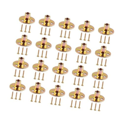 T Nuts and Screws Kit (20 Sets) - 3 Hole Round Base Fasteners for Wood Furniture & Climbing Holds, Steel with Electroplated Finish
