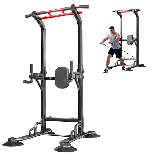 SogesPower Pull Up Bar Station Power Tower,12-Level Adjustable Heights | 66.1" to 94.5"Pull Up Dip Station for Home Gym, Pull Up Bar Stand Dip Bar Strength Training Fitness Equipment - color: Black-Cords