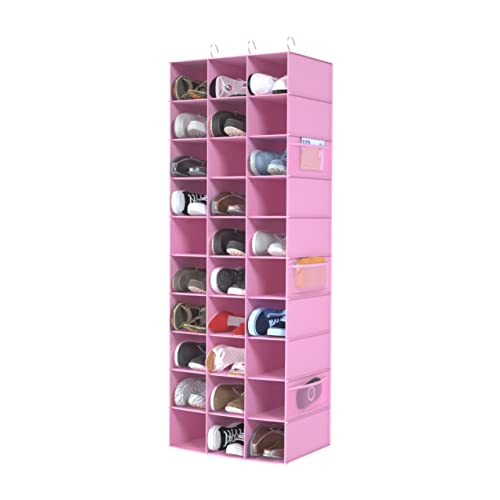 Libeder 30 Section Hanging Closet Shoe Organizer with Side Pockets, Pink | Hanging Closet Organizer with Side Pockets for Wardrode,Dorm, Folding Shoe Racks, Space Saving Hanging Shelves with Hooks - color: Pink, size: 30 Sections