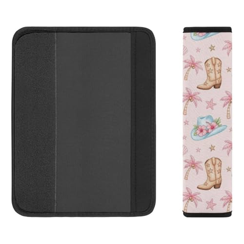 2PCS Pink Coastal Western Cowgirl Boot Hat Palm Trees Seat Belt Cover Breathable Automotive Seat Belt Protector for Adult Use, Most Cars, Pressure Relief - color: Pattern 410