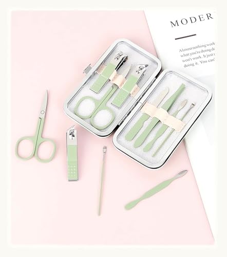 Manicure Set Nail Clipper Set, 7 Pcs Matcha Green Professional Manicure Pedicure Set, Nail Care Kit Beauty Tool, Purse Essentials Travel Nail Kit with Leather Case, Gift for Men and Women