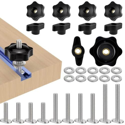 10 Sets 1/4"-20 T-Track Hardware Kit, 3 Sizes 1", 1-1/2", 2" T Bolts | Washers Star Knobs T-Knobs | Woodworking T Track Fixture Fastening Parts - size: 3 Sizes 1", 1-1/2", 2" T Bolts