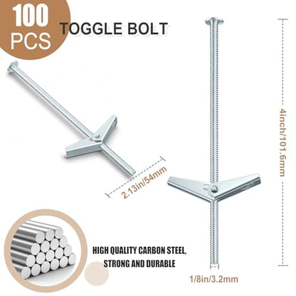 Yaocom 100 pcs 1/8'' x 4'' Toggle Bolts Butterfly Screws Anchors Heavy Duty Wall Anchors for Drywall with Wing Nuts for Hanging Heavy Objects on Drywall - size: 1/8" X 4"