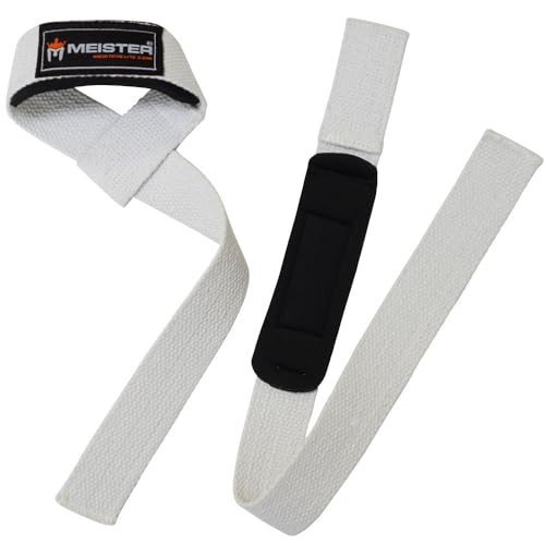Meister Neoprene-Padded No-Slip Weight Lifting Straps for Grip (Pair) | Ridged woven cotton construction, enhanced wrist comfort and support for deadlifts, pulls, shrugs and heavy lifting - color: White