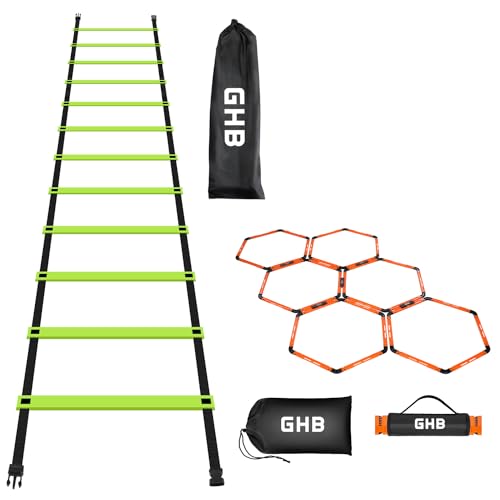 GHB Agility Ladder 1 Pack and Hex Agility Rings 1 Pack 12 Rung 20ft with 3 Carrying Bag