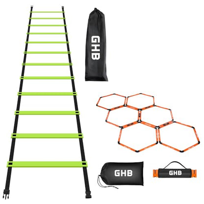GHB Agility Ladder 1 Pack and Hex Agility Rings 1 Pack 12 Rung 20ft with 3 Carrying Bag