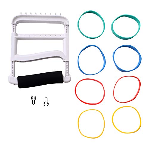 Rolyan Ergonomic Hand Exerciser with Padded Handle, Adjustable Squeeze Tool, 4 Pairs of Rubber Bands for Progressive Resistance, Improves Hand Grip Strength in Fingers, Hand, & Thumb, White - color: White, style: Padded Handle
