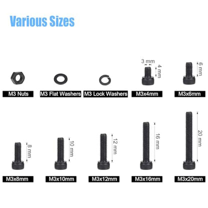 DYWISHKEY 566 Pieces M3 Black Screws, 12.9 Grade Alloy Steel M3x 4/6 /8/10 /12/16 /20mm Hex Socket Head Cap Screws Bolts Nuts Washers Assortment Kit - size: M3, style: Socket Head