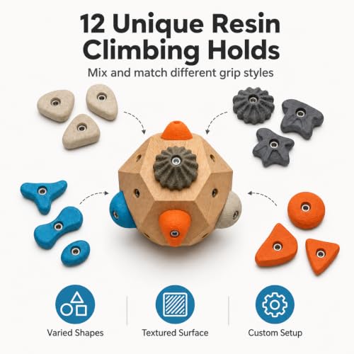 Climber's Gift Wooden Boulder Block Grip Trainer with 12 Resin Holds | Customizable Hold Layout, Portable & Handheld, Includes Canvas Bag, Mini Boulder Keychain, Screws & Tools Included