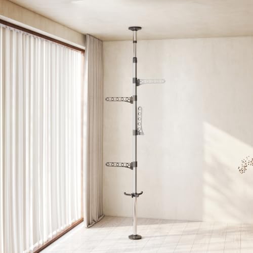 BAOYOUNI 4-Tier Standing Clothes Laundry Drying Rack Coat Hanger Organizer Floor to Ceiling Adjustable Metal Corner Tension Pole, Grey | Metal Corner Tension Pole，Floor to Ceiling Adjustable ， Space-Saving Laundry Organizer，No Drilling Required