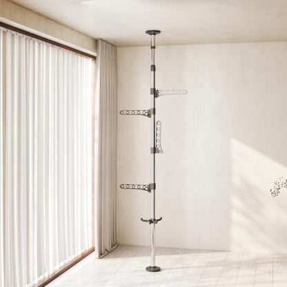 BAOYOUNI 4-Tier Standing Clothes Laundry Drying Rack Coat Hanger Organizer Floor to Ceiling Adjustable Metal Corner Tension Pole, Grey | Metal Corner Tension Pole，Floor to Ceiling Adjustable ， Space-Saving Laundry Organizer，No Drilling Required
