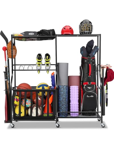 EXTCCT Garage Sports Equipment Organizer with Wheels - Golf Bag Storage Rack and Ball Storage Bins, Heavy Duty Rolling Garage Organizer System with Basket and Hooks for Indoor (Black-Large) - color: Black - Large