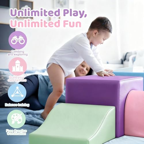 Sumbababy Soft Climbing Blocks Set for Toddlers: 4 PCS Foam Play Structures with Tunnel - Indoor Playground for Kids with Slide and Stairs - Safe Play Gym for Boys and Girls - style: Macaron/Pink/Blue