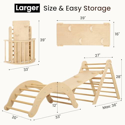 Belleur 7-in-1 Climbing Toys for Toddlers 1-3 Years Old, Foldable Wooden Pikler Triangle Set Indoor, Montessori Climbing Set with Arch, Ramp & Ladder - Natural - color: Natural
