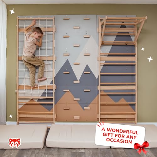 Wood And Hearts Modular Swedish Wall Gym Set for Kids Indoor Active Play – Wooden Swedish Ladder with Adjustable Pull-Up Bar, Rope Climbing Wall & Rock Climbing Panels (Base Set) - style: Base Set