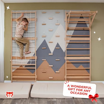 Wood And Hearts Modular Swedish Wall Gym Set for Kids Indoor Active Play – Wooden Swedish Ladder with Adjustable Pull-Up Bar, Rope Climbing Wall & Rock Climbing Panels (Base Set) - style: Base Set