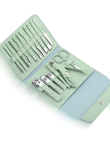 16-Piece Professional Manicure & Pedicure Kit - Comprehensive Nail Care Set with Stainless Steel Tools and Leather Case Green - color: Green