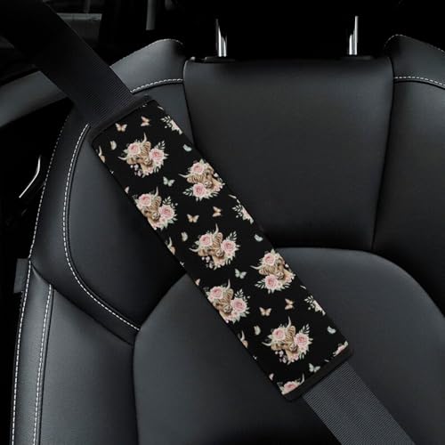 Universal Soft and Comfortable Seat Belt Cover for Adult Use, Stroller Pushchair High Chair, 2 Pack Cute Cattle Floral Crown Highland Cow Shoulder Harness Cover - color: Pattern 687