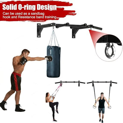 Upgrade Wall Mount Pull Up Bar, Heavy Duty Steel PullUp Bar Fits 24'' Wood Studs, Multi Grip Pull Up Bar with Ball Finger & Round Rings, for Home Gym Garage Basement Strength Training Chin Up Bar