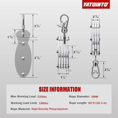 YATOINTO 530LBS Upgraded Rope Hoist Pulley System Block Tackle 60FT(Black) | 7:1 Ratio Lifting Power, Spring Snap Hook w/Screw Nut Connector, Small and Light, Perfect forCamping Hunting Lifting Pulling