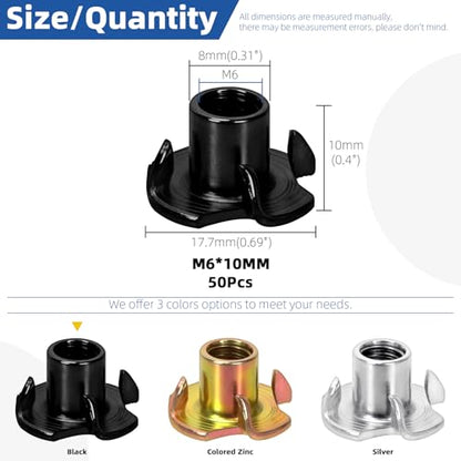 Glarks 50pcs M6 x 10mm Black 4-Pronged Tee Nut, Carbon Steel Four-jaw T Nuts, Threaded Insert T-Nut for Wood Furniture, Rock Climbing Holds, Home, Cabinetry - size: M6 x 10mm, style: 50pcs Black 4-Pronged Tee Nut