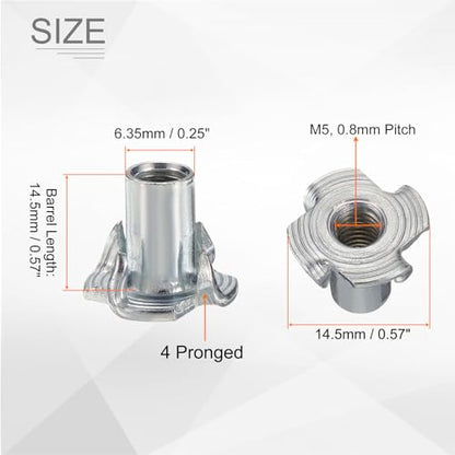 HARFINGTON M5x12mm T-Nuts 4 Pronged Tee Nut 0.57" x 0.47" Fully Thread Carbon Steel Inserts for Wood, Rock Climbing Holds, Cabinetry, Furniture 50pcs - size: M5x12mm