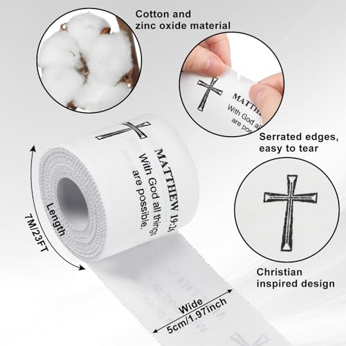 MiniInflat 2 Pcs Christian Cross Athletic Tape Sports Tape 2in x 23ft Religion Jesus Wrist Wrap for Soccer Football Baseball, Gift for Graduation Teacher Nurses Week Pentecost(White,Matthew 19:26) - color: White, style: Matthew 19:26
