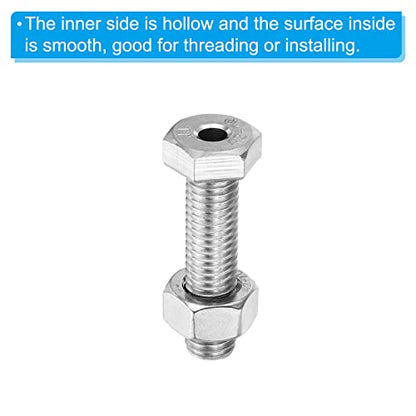 PATIKIL M10x40mm Hollow External Hexagon Screw, 2 Set Cylindrical Lamp Threading Socket Screws Through Hole Bolt with Nut 304 Stainless Steel - size: 40mm