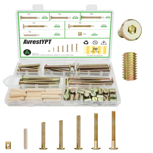 21Set Crib Screws Set,Bed Frame Bolts,Nuts and Wooden Dowel Pins Kit,Hex Socket Cap Furniture Screws&Barrel Nuts for Beds Furniture Headboards Crib Hardware Replacement Kit, M6x40/50/60/70/80mm Wrench - size: Gold-M6x40/50/60/70/80mm-21 Sets