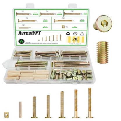21Set Crib Screws Set,Bed Frame Bolts,Nuts and Wooden Dowel Pins Kit,Hex Socket Cap Furniture Screws&Barrel Nuts for Beds Furniture Headboards Crib Hardware Replacement Kit, M6x40/50/60/70/80mm Wrench - size: Gold-M6x40/50/60/70/80mm-21 Sets