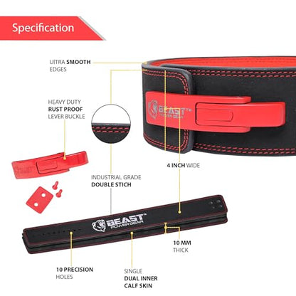 Beast Power Gear Weight Lifting Belt Lever Buckle 10MM 13MM Thick & 4 Inches Free Strap Weightlifting, Powerlifting, Deadlifts, Squats Men Women - color: Black/Red, size: X-Large