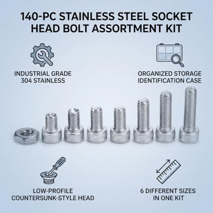 Garosa 140pcs Stainless Steel Hex Socket Head Bolts #10-32 Hex Screw Assortment Kit 6 Different Sizes with Storage Case