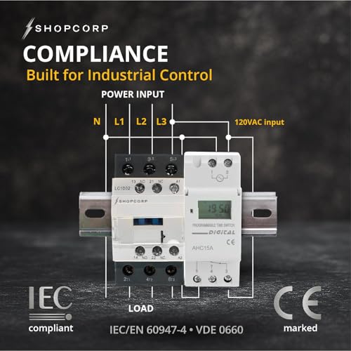 3 Pole Contactor 30 amp Normally Open, Auxiliary 1NO/1NC 110/120V Coil, Motor Load 32A, Lighting 40A, 50A - AC Contactor Bundle with Programmable Timer Relay and DIN Rail 35 x 150 mm - style: 3 Poles Contactor + Timer