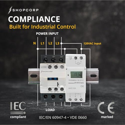 3 Pole Contactor 30 amp Normally Open, Auxiliary 1NO/1NC 110/120V Coil, Motor Load 32A, Lighting 40A, 50A - AC Contactor Bundle with Programmable Timer Relay and DIN Rail 35 x 150 mm - style: 3 Poles Contactor + Timer