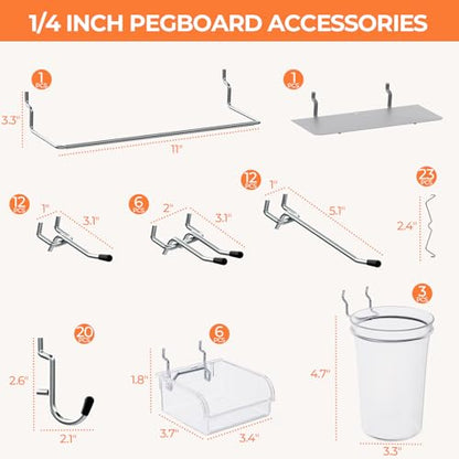 INCLY 90PCS Metal Peg Board Kit with 1/4" Pegboard Accessories | 6 Pack Panels, Bins, Cups and Peg Board Hooks, Paper Towel Holder, Pegboard Wall Organizer, For Craft Room, Office, Sewing - size: 90 PCS