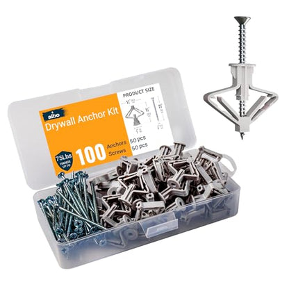ALBO Drywall Anchor Kit Hollow Wall with Screws 100 pcs. (Grey Anchor 50pcs + Screws 50pcs) Plastic Hollow Wall Drilling Anchors - color: Grey 50pcs