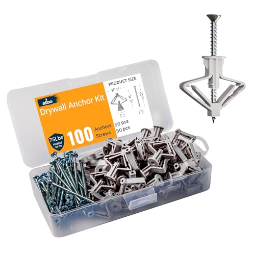 ALBO Drywall Anchor Kit Hollow Wall with Screws 100 pcs. (Grey Anchor 50pcs + Screws 50pcs) Plastic Hollow Wall Drilling Anchors - color: Grey 50pcs